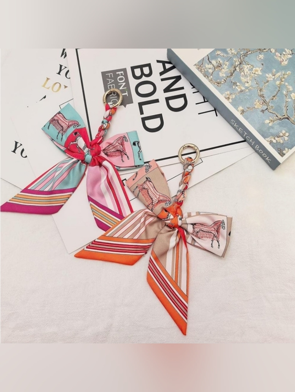 2pcs Silk Bow Keychain Charm With Horse Design - Pink & Orange Options
